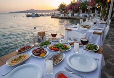 Datça balık restoranları deniz kenarı akşam yemeği sofrası ve mezeler