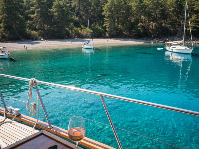 Datça Domuz Çukuru koyunda teknede şarap keyfi ve turkuaz deniz manzarası.