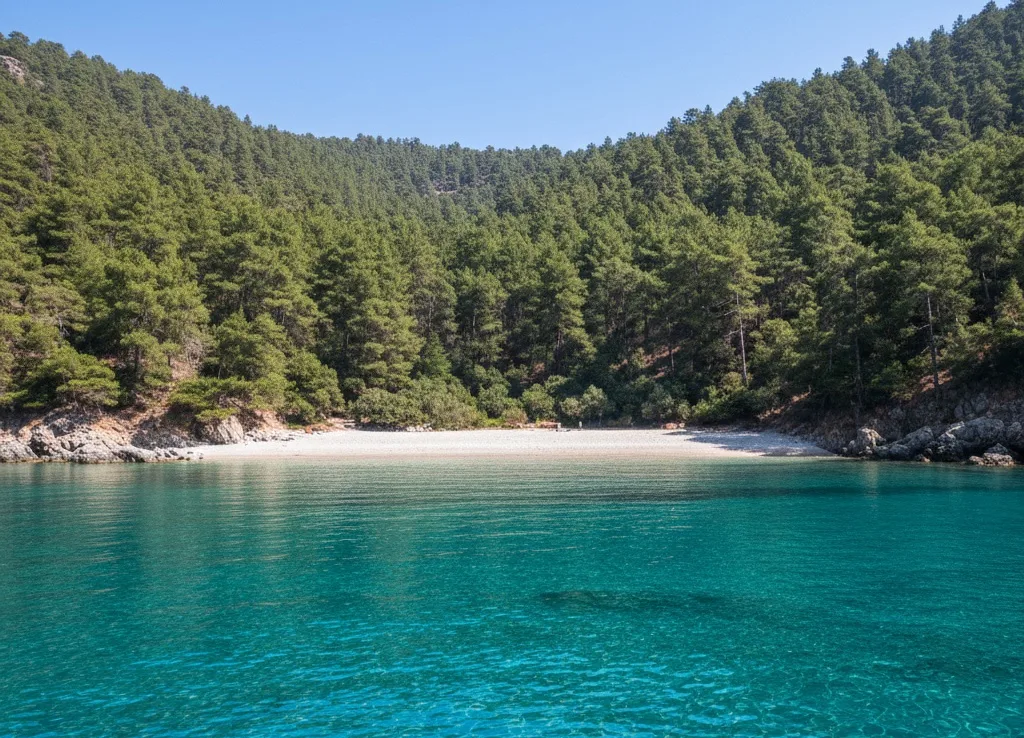 Datça Domuz Çukuru koyunun berrak denizi ve arkasındaki çam ormanlarının panoramik görünümü.
