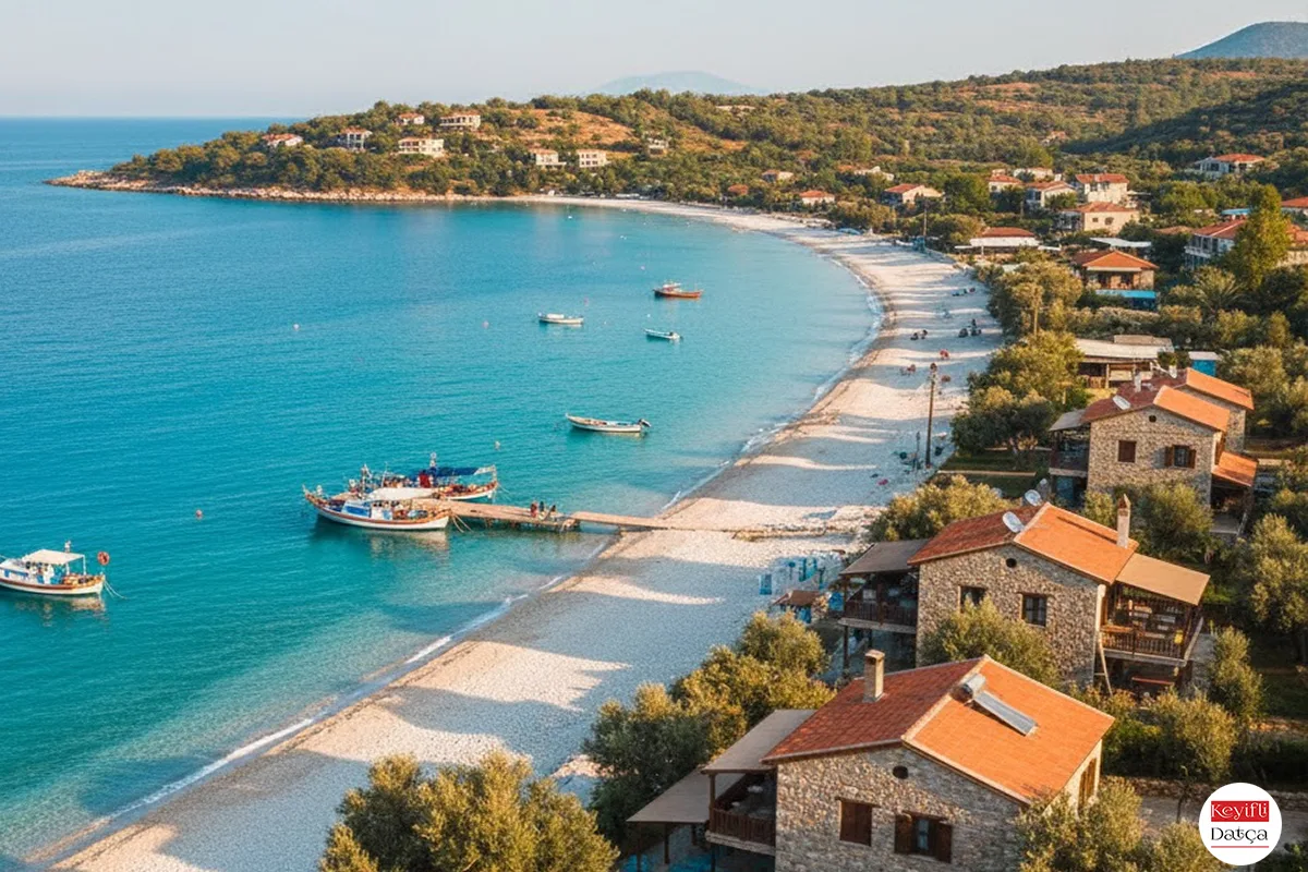 Palamutbükü turkuaz deniz manzarası ve sahil boyu konaklama seçenekleri
