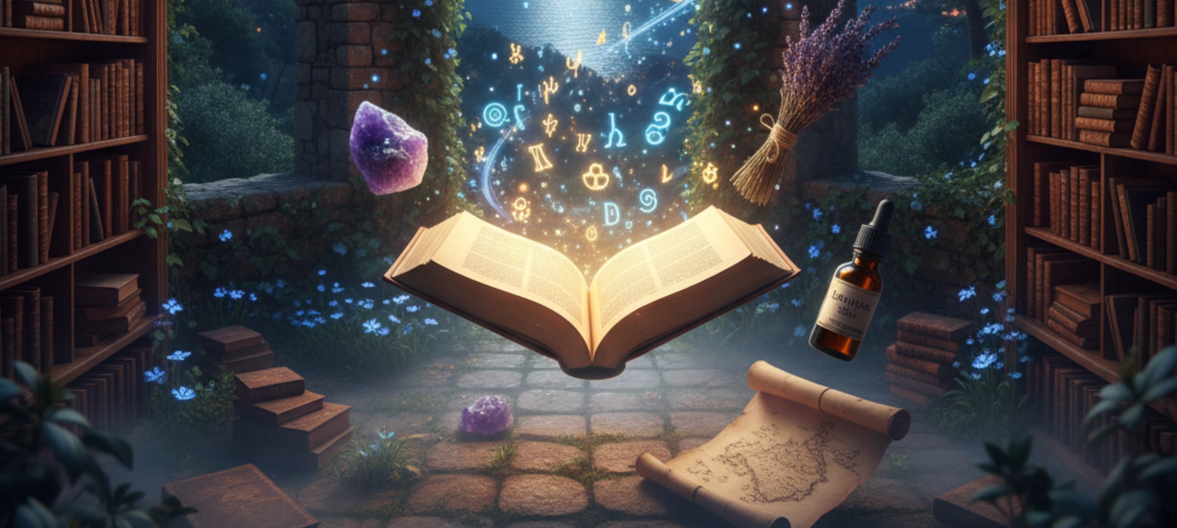 Fantastik kütüphane içinde rüya tabirleri, şifalı taşlar ve aromaterapi sembollerini gösteren mistik Datça manzarası.