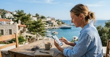 Ege kasabasında bir kafede akıllı telefonundan otel fiyatlarını takip eden kadın gezgin.