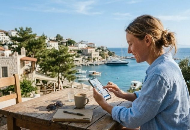 Ege kasabasında bir kafede akıllı telefonundan otel fiyatlarını takip eden kadın gezgin.