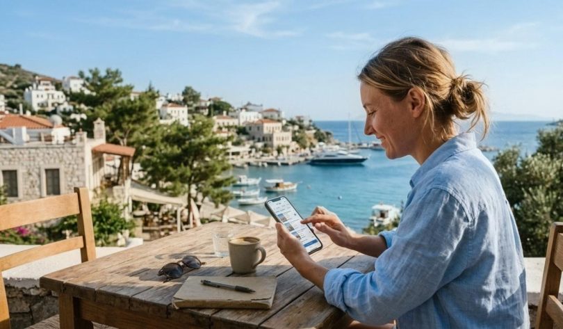 Ege kasabasında bir kafede akıllı telefonundan otel fiyatlarını takip eden kadın gezgin.