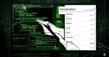 Kırık bir bilgisayar ekranı üzerinde Amsterdam web sitesi trafiğini gösteren Google Analytics verileri ve arka planda yeşil kodlama kodları.