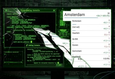 Kırık bir bilgisayar ekranı üzerinde Amsterdam web sitesi trafiğini gösteren Google Analytics verileri ve arka planda yeşil kodlama kodları.