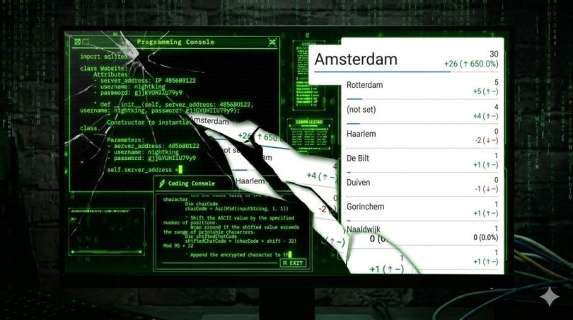 Kırık bir bilgisayar ekranı üzerinde Amsterdam web sitesi trafiğini gösteren Google Analytics verileri ve arka planda yeşil kodlama kodları.