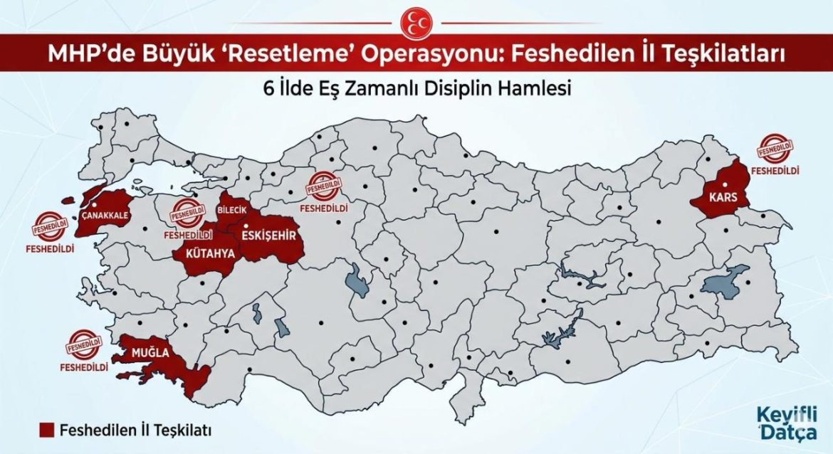 MHP'nin teşkilat operasyonu kapsamında feshedilen iller haritası: Muğla, Kütahya, Eskişehir, Bilecik, Çanakkale ve Kars bölgelerini gösteren siyasi analiz görseli.