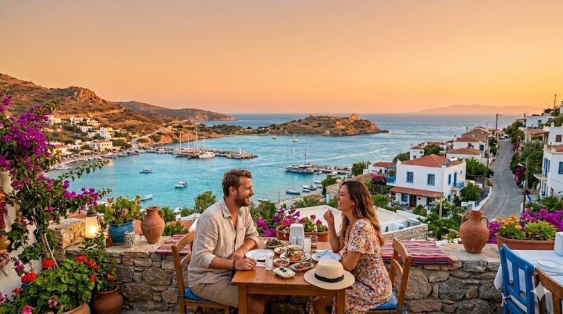 Datça'da deniz manzaralı bir taş terasta, gün batımında geleneksel lezzetler ve mezeler eşliğinde akşam yemeği yiyen keyifli bir çift.