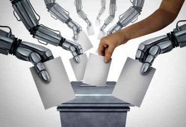 Seçmen davranışı analizi için sandık başında robot kollar arasında oy kullanan insan eli.